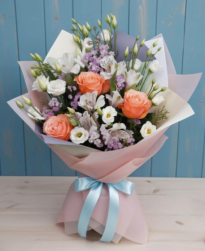 Букет цветов из: Лизиантусы, Розы, Альстромерии и Гипсофила в Гаврилом-Яме
